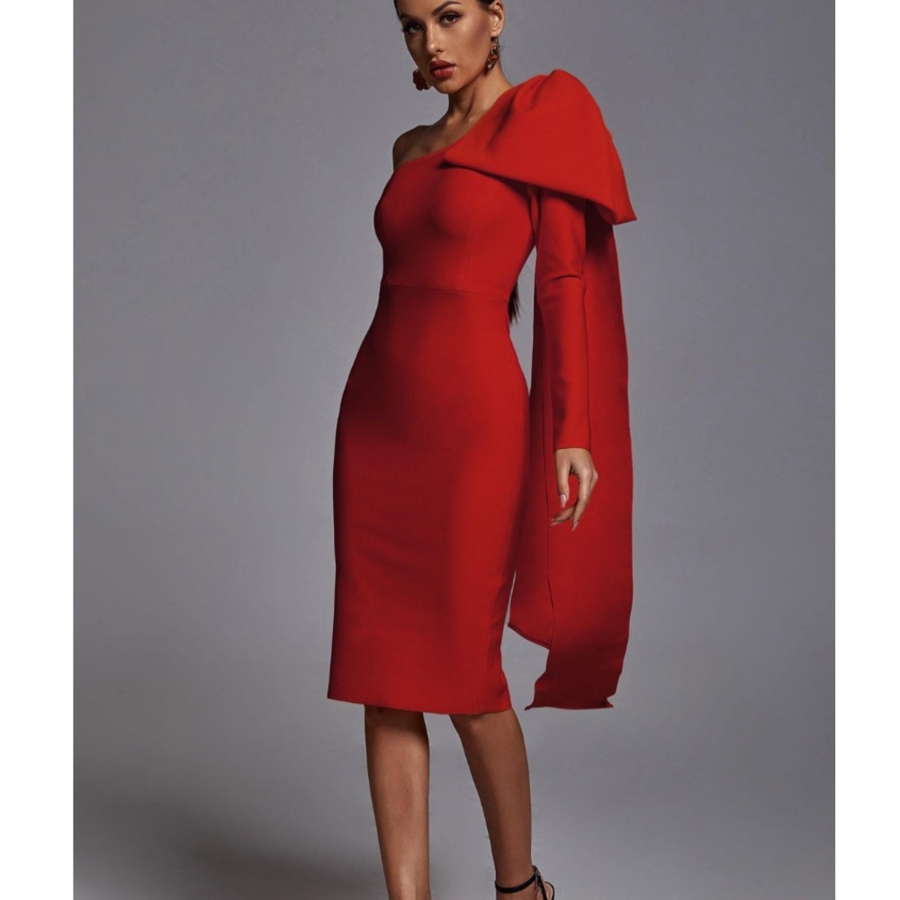 Stunning red one shoulder bow dress